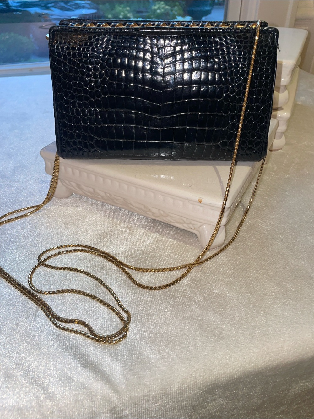 VINTAGE JUDITH LEIBER , mini Black Crocodile Chain Shoulder Bag